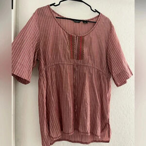 Eddie Bauer Women Pinstripe Short Sleeve Scoop Neck Side Slit Cotton Tunic Top M